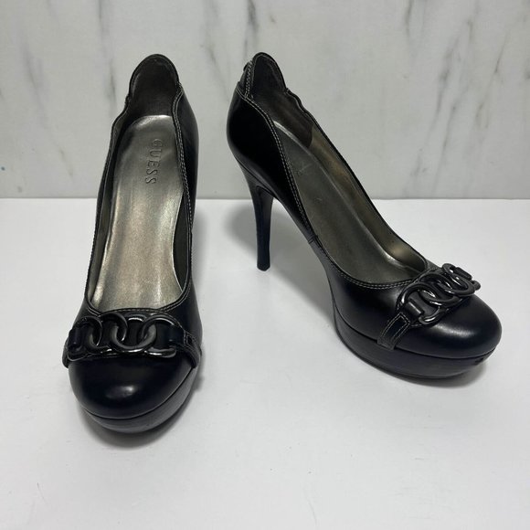 Guess Pump Heels Women 8.5M Black Slip On Round Toe Platform Stiletto Leather - Picture 1 of 10